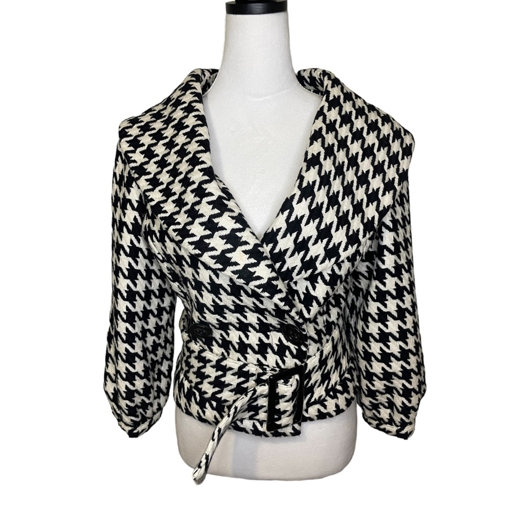 Houndstooth Belted Wool-Blend Jacket - Black & White